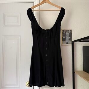 REFORMATION black viscose rayon button up short sleeve off shoulder mini dress